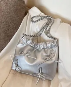 SHEIN シルバーリボン巾着ショルダーバッグ