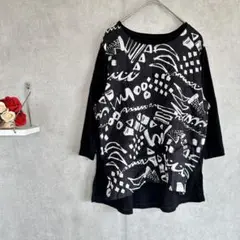 グラフィックプリント 五分袖 Tシャツ M-Lサイズ 黒　麻　綿100%　日本製