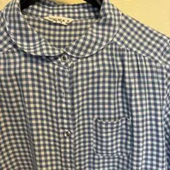 SM2 青と白のギンガムチェック柄 小さな丸襟長袖シャツ