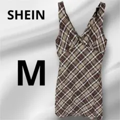 【M】SHEIN チェック柄 ノースリーブ ミニワンピース ブラウン ミニスカ