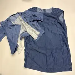 デニムブルー 半袖ワンピース、レース付きジャケット