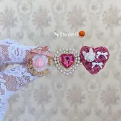 ツイードハートとうさぎのヘアクリップ(ピンク)
