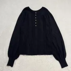 グローブ/リブ切替パールボタンニット/上品/オフィス/リブ/シンプル/黒/S