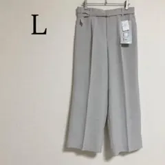 麻調 ひんやり ワイドパンツ L ベージュ系 UVカット 吸水速乾 ウエストゴム