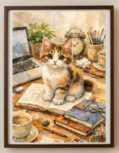 【水彩画アート】机の上を占領する子猫 2L版写真用紙