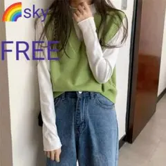 限定2点 新品 ニット ベスト 韓国 トレンド 重ね着 人気 グリーン フリー