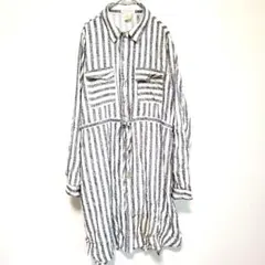 パスポート ストライプ柄 シャツワンピース 長袖【XL】 白 グレー 大きめ