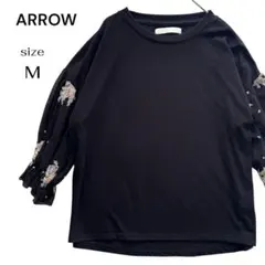 ARROW アロー 袖シフォン刺繍カットソー 七分袖 ボリュームスリーブ 黒 M