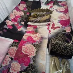 オフ白黒ローズ金蝶正絹振袖フルセット等 袋帯帯締め帯揚げ半襟重ね襟 成人式卒業式