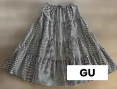 GU ギンガムチェック ロングスカート M ブラック ホワイト フレア