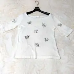 MICHEL KLEIN 五分袖 リブニット 花柄刺繍 ホワイト 38のサムネイル