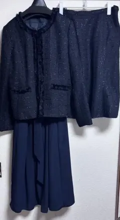 美品　ネイビー ジャケット・ワンピース（リボン）スカート4点セット ベルーナ