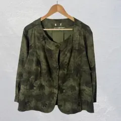 ​【美品】Vintage 総柄 ノーカラーブラウス カーキ ゆったり