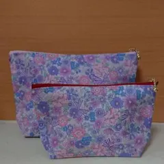 花＆リボン柄　ハンドメイドポーチ ２点セット