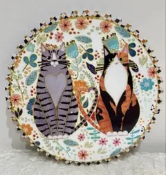 【未使用品】猫 陶器コースター ペアキャット 金彩 凸凹加工 コルク裏地