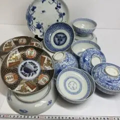 古伊万里　染錦輪花形七寸皿　変形八角向付　草花文丼　江戸期〜明治　古陶を楽しむ 古伊万里 染錦輪花形七寸皿 変形八角向付 草花文丼 江戸期〜明治 古陶