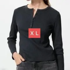 リブ ヘンリーネックＴ長袖ブラックＸＬ