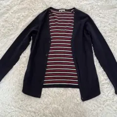 FREUDE 綿100%ボタン付き前開きカットソー　ネイビー×内側ボーダー M