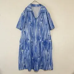 ワンピース 開襟 半袖 総柄 【L 】青 綿 Ｖネック ロングワンピース