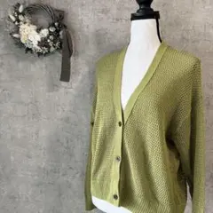 【ユニクロ】メッシュ　XL 若草色　ショートカーディガン　Vネック　サマーニット