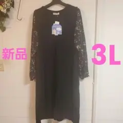 Hina Style 花柄袖 ロングワンピース ブラック　大きいサイズ