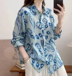 Y59 チュニック レディース 長袖 総柄 トップス 大きいサイズ 襟付きシャツ