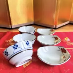 【未使用品】有田焼　輪花小鉢と舟形小鉢6個セット　珍味入れ　〜梅柄〜