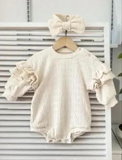 SHEIN フリル袖ロンパース ヘアバンドセット 白 6-9 m