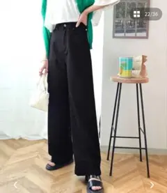クラシカルエルフ　美シルエット。ハイウエストルーズデニムパンツ　　ブラックL