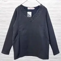 新品 厚手カットソー M ブラック レース 裏起毛 シンプル シック モノトーン