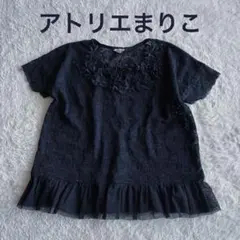 アトリエまりこ♡薔薇モチーフ＆レース♪フレンチスリーブ・ニットトップス♪黒☆美品 アトリエまりこ♡薔薇モチーフ＆レース♪フレンチスリーブ・ニット