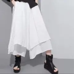 ワイドパンツ　スカート風ワイドパンツ　オフィス　楽ちん　ウエストゴム　フリー　白