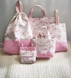 ♡祝ご入学♡限定　5点セット　ハートと苺柄&キルティング　内側 撥水加工ラムネ柄