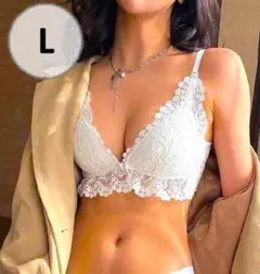 L／ホワイト　フロントホック バック紐 ブラジャーショーツセット