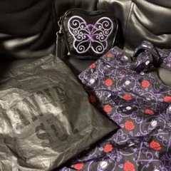 ANNA SUI 蝶刺繍ポーチ　ラメ入り黒色　パープル色エコバッグ付き