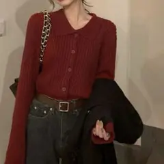 ニット　カーディガン　ケーブルニット　赤　ニット　　レディース　冬服