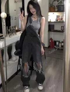 ダークグレー ダメージ サロペット フリーサイズ オーバーオール