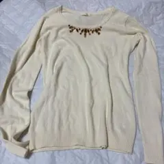 ホワイト　セーター　シンプル　オシャレ　高見え　ビジュー　ニット　L