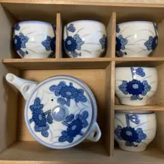 高級 有田焼 松青作 青い花柄急須と湯呑セット