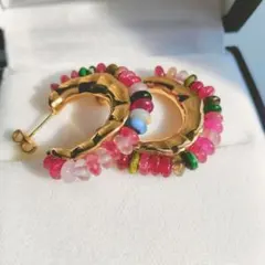 天然石マルチカラーフープピアス サージカルステンレス　金属アレルギー対応　美品