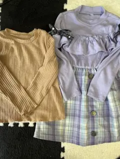 紫 長袖リボン付きワンピース＆チェックスカート セット＋おまけベージュ無地長袖