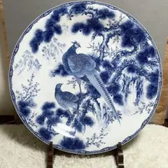 神右衛門 三尺 大皿 銘板付 染付山水絵 台座付 V24 神右衛門 三尺 大皿 銘板付 染付山水絵 台座付 V24