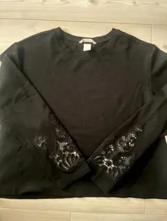 【美品】袖レース切り替え カットソー ブラック Mサイズ