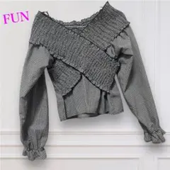 FUN 長袖　チェック柄カシュクールトップス