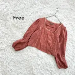 【Free】シャツブラウス　スクエアネック　花柄レース　クロップド丈　ピンク