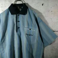 【古着】　ビンテージ　ポロシャツ　ストライプ柄　刺繍　切り替え　レトロ　ネイビー