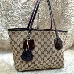【美品】グッチ トートバッグ ブラウン キャンバス パープル GG柄 チャーム