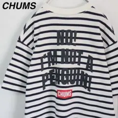 【バックプリント】チャムス ボーダーTシャツ バックロゴ 紺色×白 Lサイズ相当