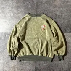 90s USA製アニマルキャラ刺繍リブ切り替えスウェットオリーブカーキLフェード