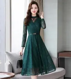 結婚式ドレス ワンピース パーティー お呼ばれ 二次会 グリーン 袖あり 長袖